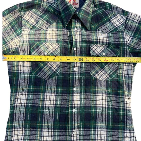 Vintage 1970 Saturdays in California Men Wool Shirt Blue Green Plaid Size Med - Picture 11 of 12